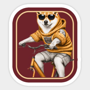 Shiba Inu wearing a hoodie riding a bike and wearing sunglasses Sticker